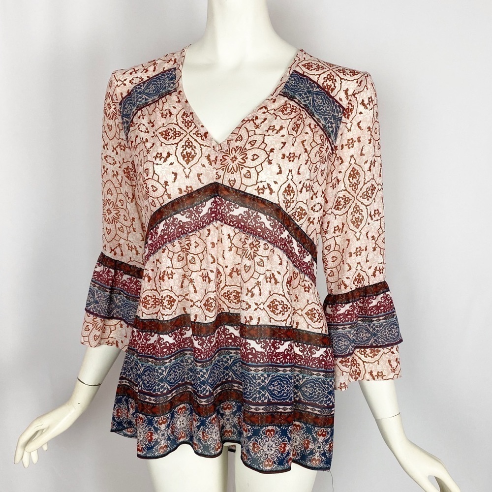 Knox Rose V-neck Pheasant Boho Blouse 3/4 Bell Sleeves Size XS